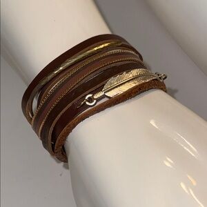 Brown Leather Wrap Bracelet with Feather Charm
